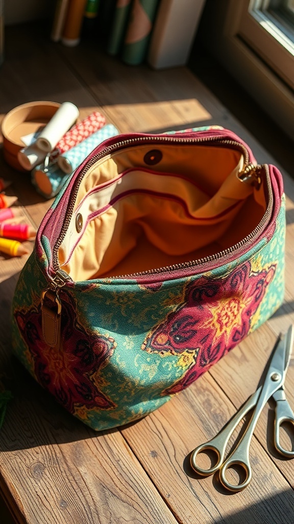 Juicy Vintage Handbag Recipe A vintage handbag made from colorful fabric, displayed on a wooden table with sewing materials.